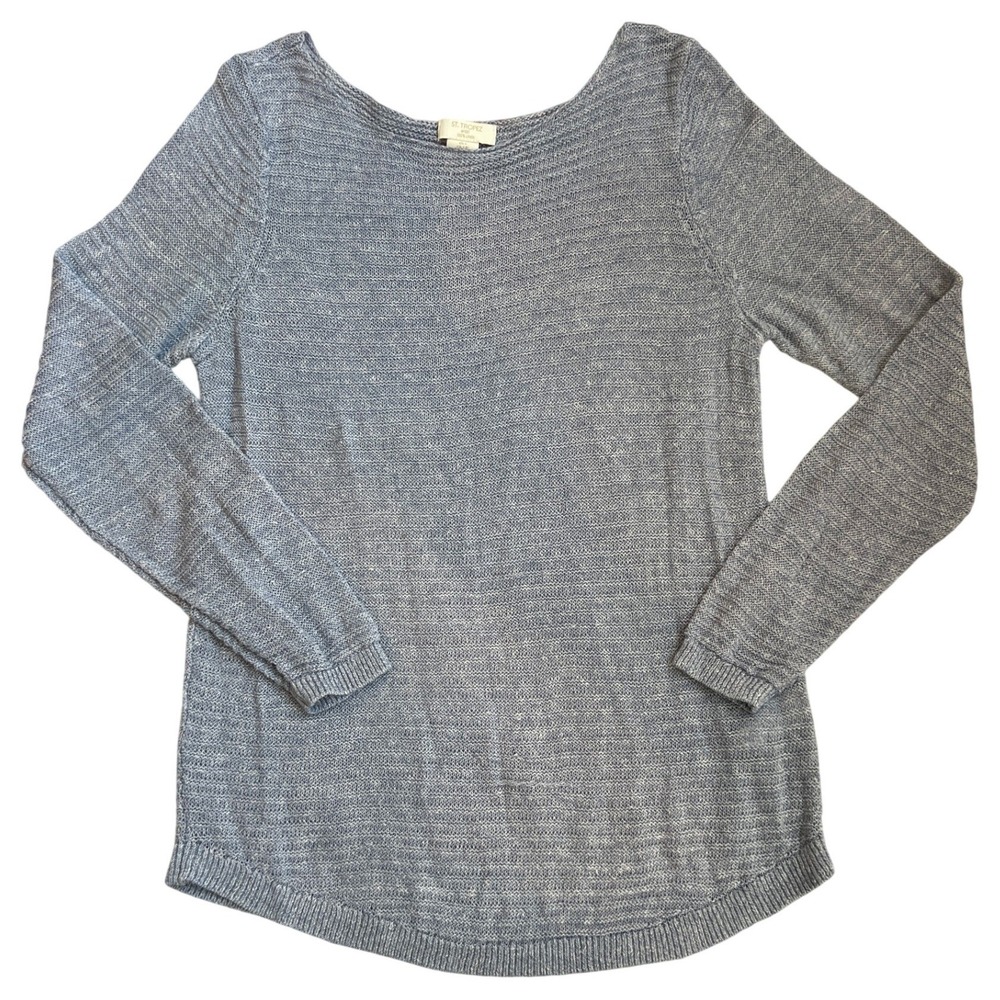 St Tropez West Lightweight Loose Knit 100% Linen Blue/White Sweater SzL Vacation